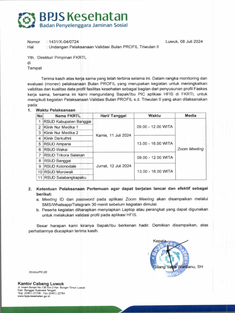 Undangan Validasi Bulan Profil TW II FKRTL | PDF