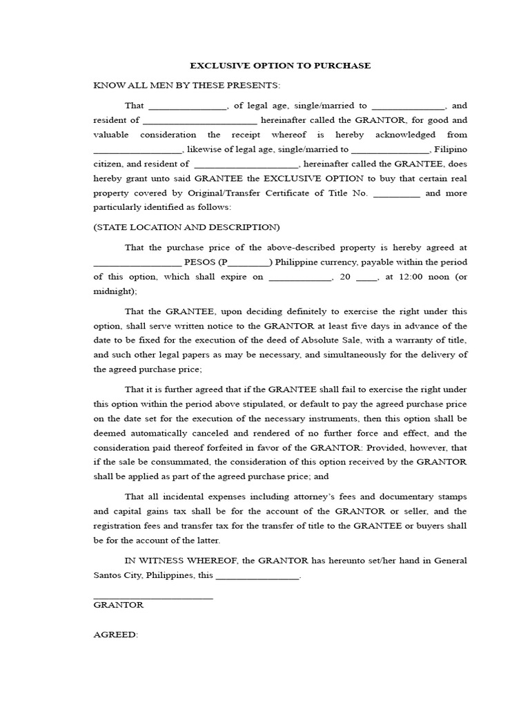 Exclusive Real Estate Purchase Option | PDF | Option (Finance ...