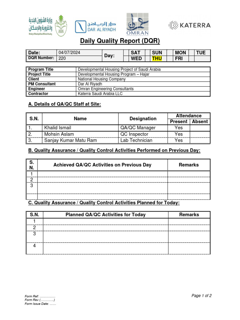 Daily Quality Report for Housing Project | PDF | Quality Assurance ...