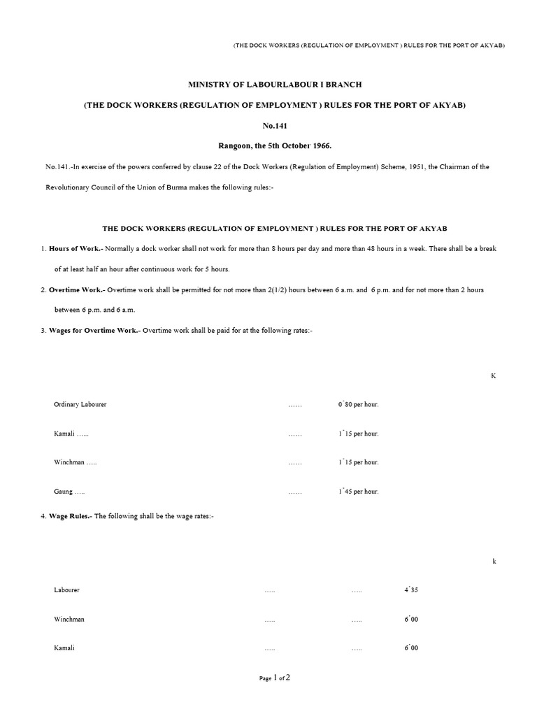 (THE DOCK WORKERS (REGULATION OF EMPLOYMENT ) RULES FOR THE PORT OF