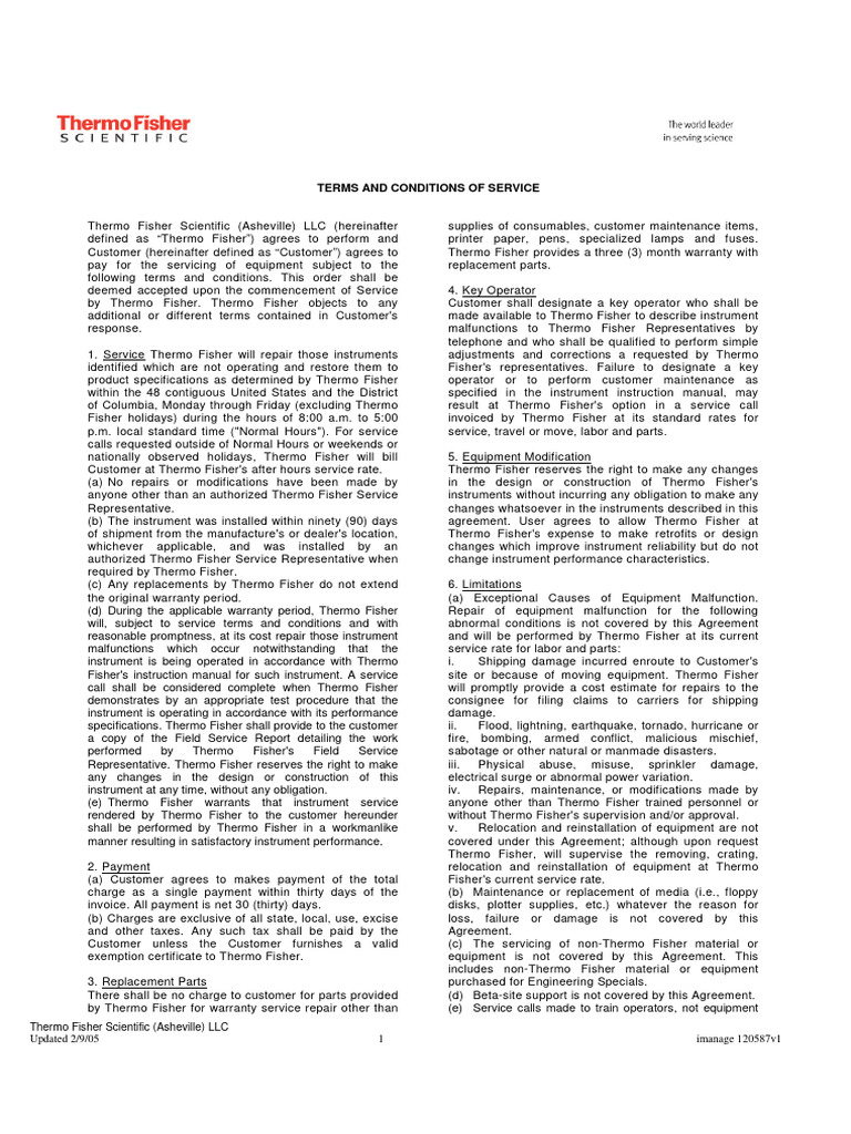 Thermo Fisher Service Terms & Conditions | PDF | Legal Liability ...