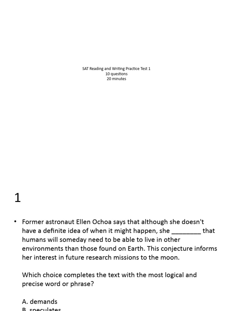 SAT Reading and Writing Practice Test 1 10 Questions 20 Minutes | PDF