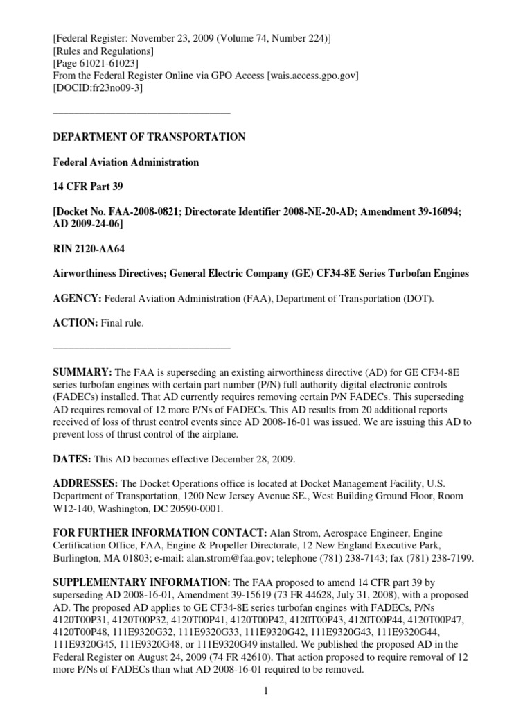 FAA AD on GE CF34-8E Engines | PDF | Federal Aviation Administration ...