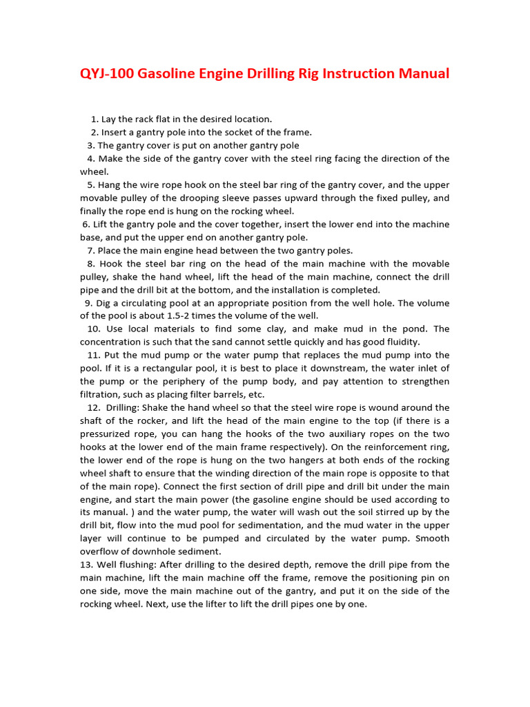 Instructions For Use QYJ-100 Gasoline Engine Drilling Rig | PDF | Pump ...