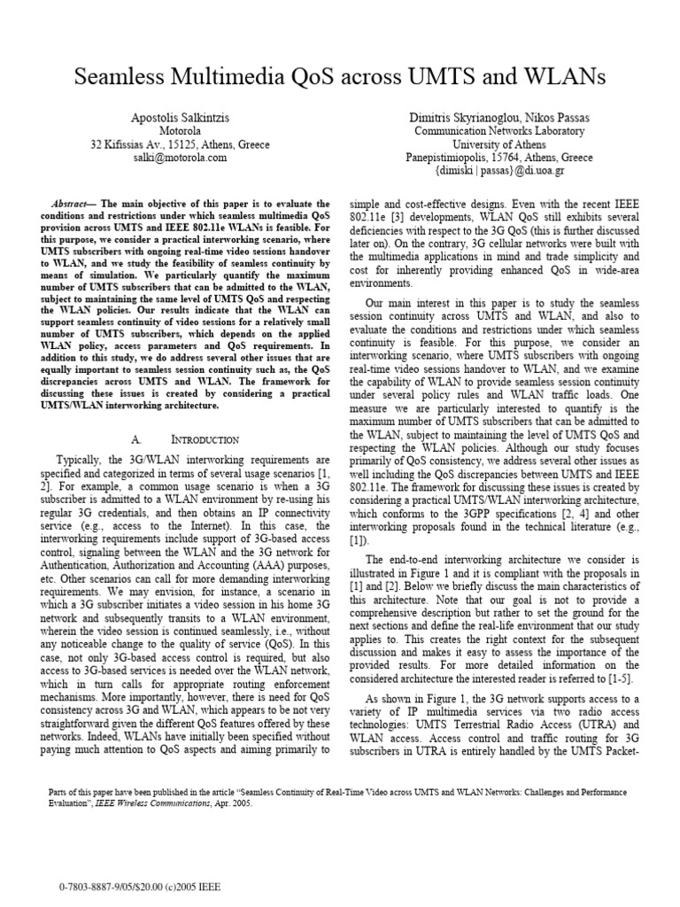 Seamless Multimedia QoS in UMTS/WLAN | PDF | Ieee 802.11 | Quality Of ...