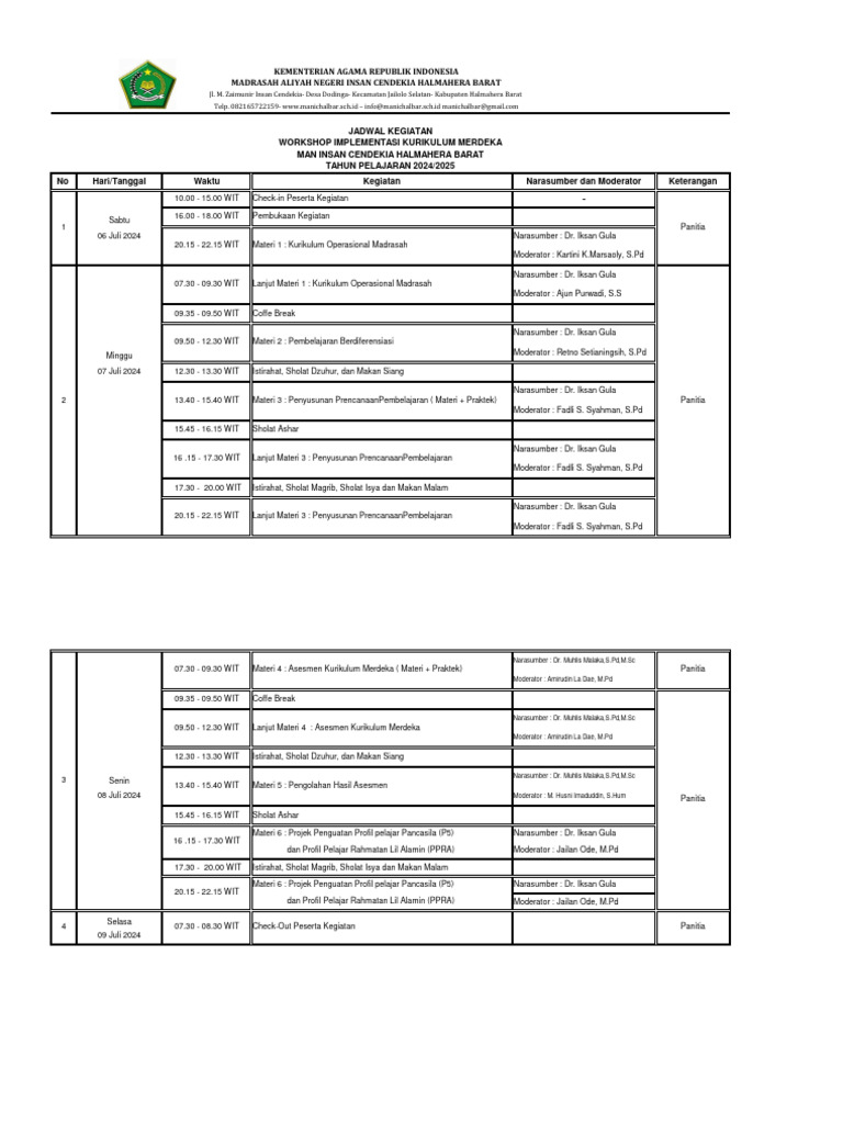 Jadwal Workshop Kurikulum Merdeka 2024 | PDF