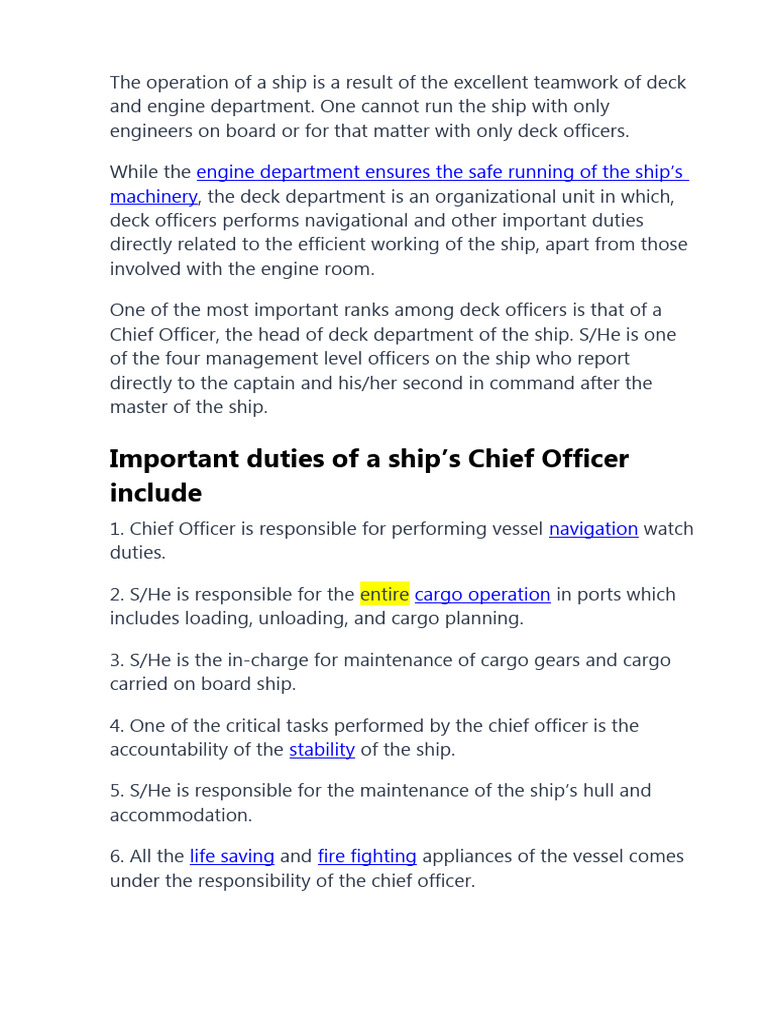 Chief Officer Duties on a Ship | PDF | Ships | Sea Captain