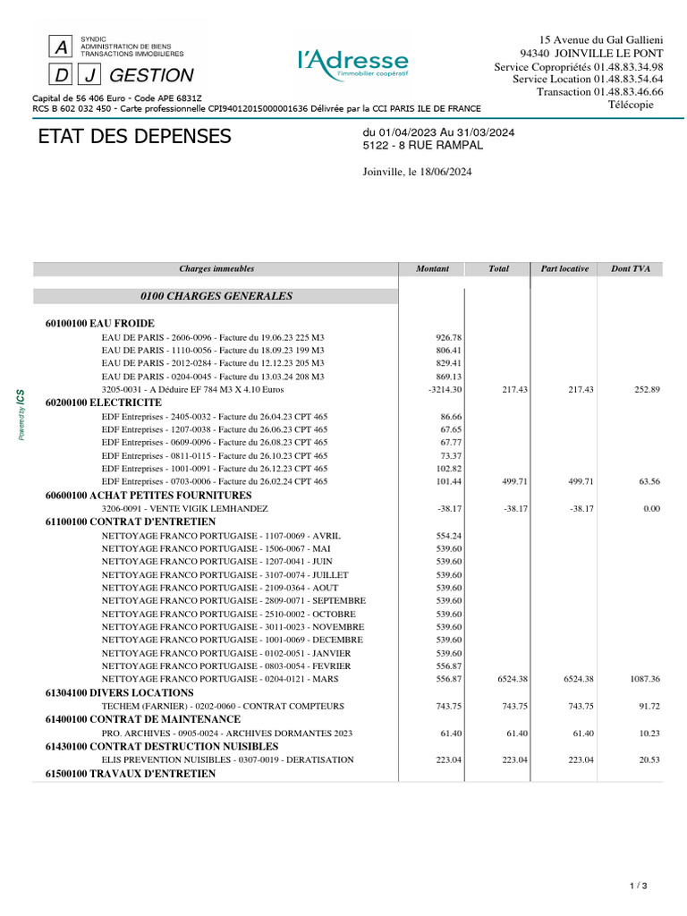  tat Des D penses Copropri t 2023 2024 PDF Facture Taxe Sur La 