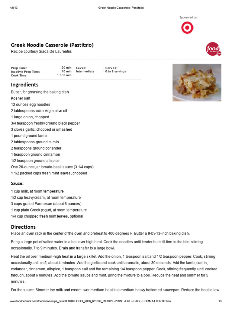 Greek Noodle Casserole (Pastitsio) Download Free PDF Teaspoon Cooking