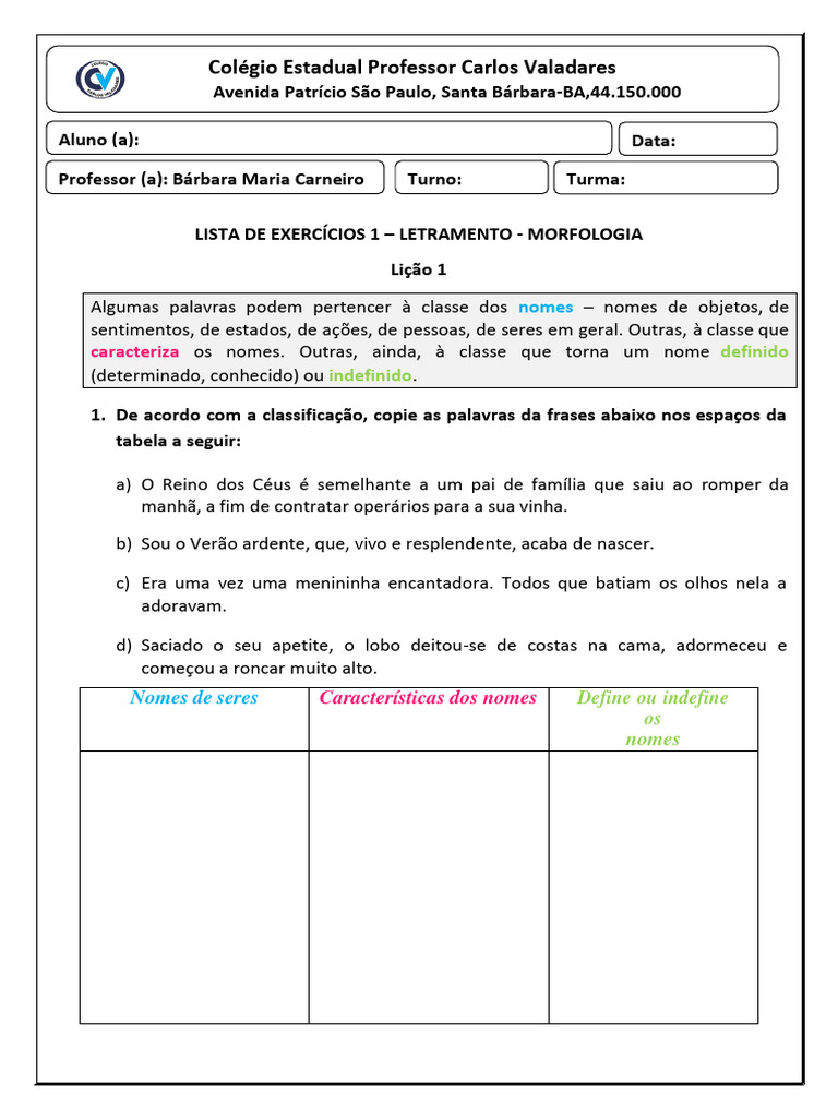 Exercícios de Morfologia e Letreamento | PDF