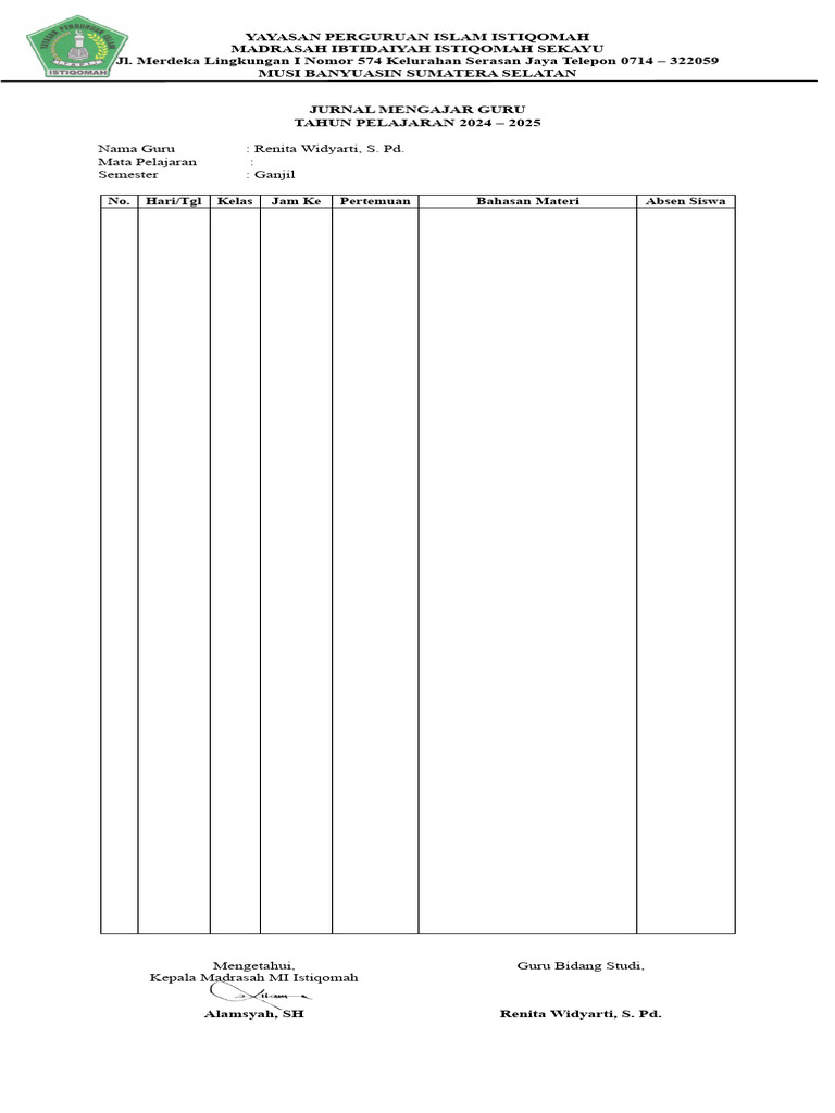 Jurnal Mengajar Guru MI Istiqomah | PDF | Karier & Perkembangan ...