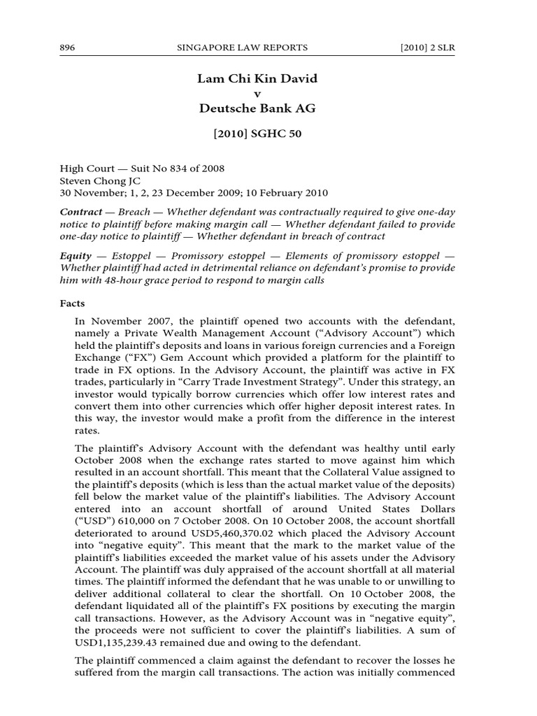 Lam Chi Kin David V Deutsche Bank AG (2010) 2 SLR 896 (HC) | PDF ...