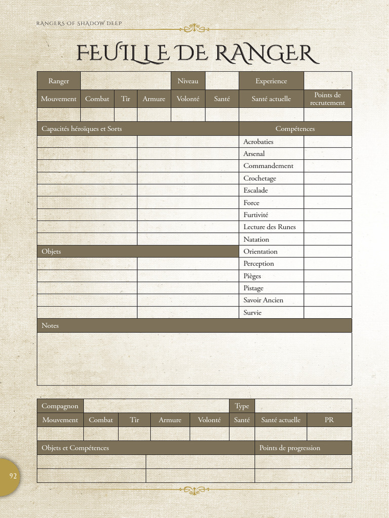 Fiche de personnage Ranger RPG | PDF