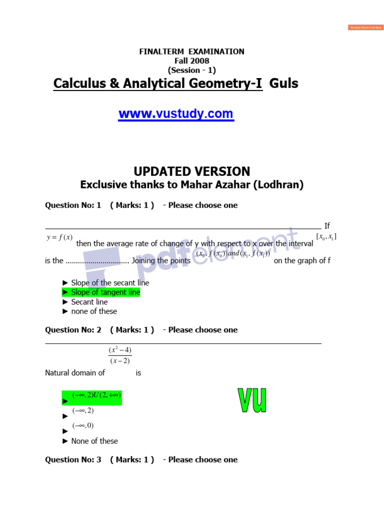 MTH101 Final Term Solved MCQs Shared by Gulshin Ali | PDF