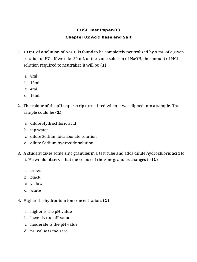 CBSE Acid Base and Salt Test Paper | PDF | Acid | Ph