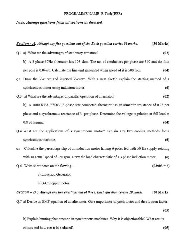 B.Tech EEE Exam Questions and Solutions | PDF | Electric Motor ...