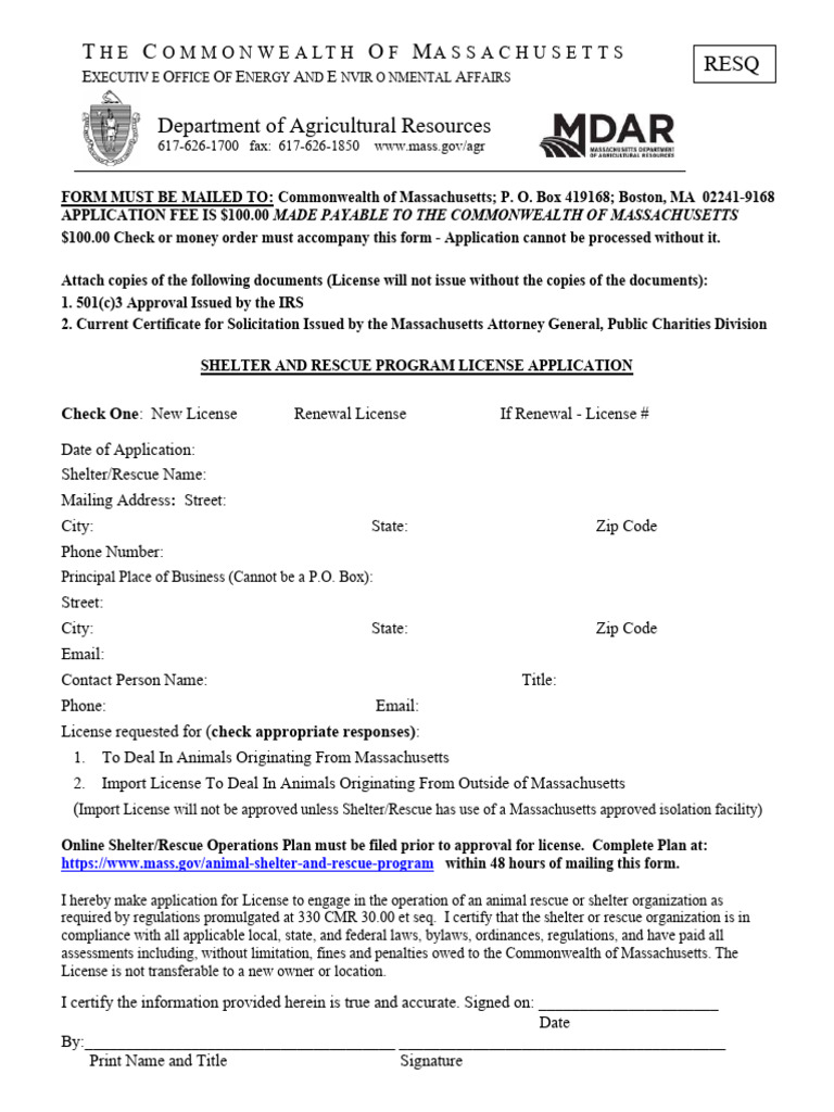 Massachusetts Animal Shelter License Application | PDF