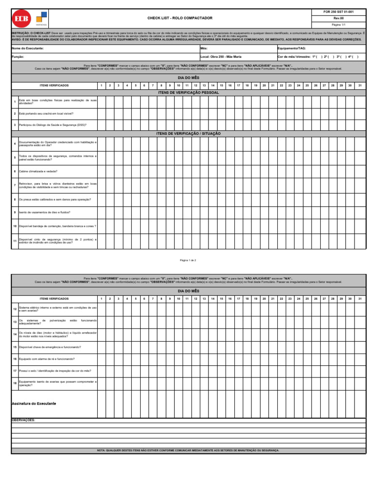 Check List de Inspeção Rolo Compactador | PDF