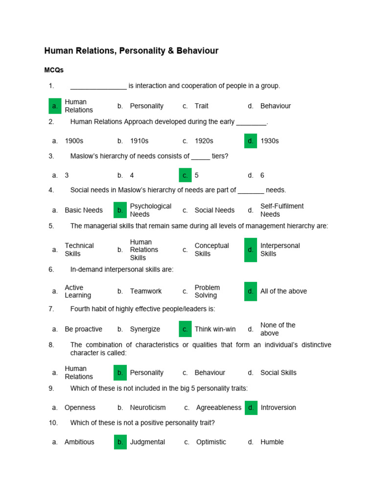 Quiz Human Relations Personality and Behaviour | PDF | Skill | Psychology