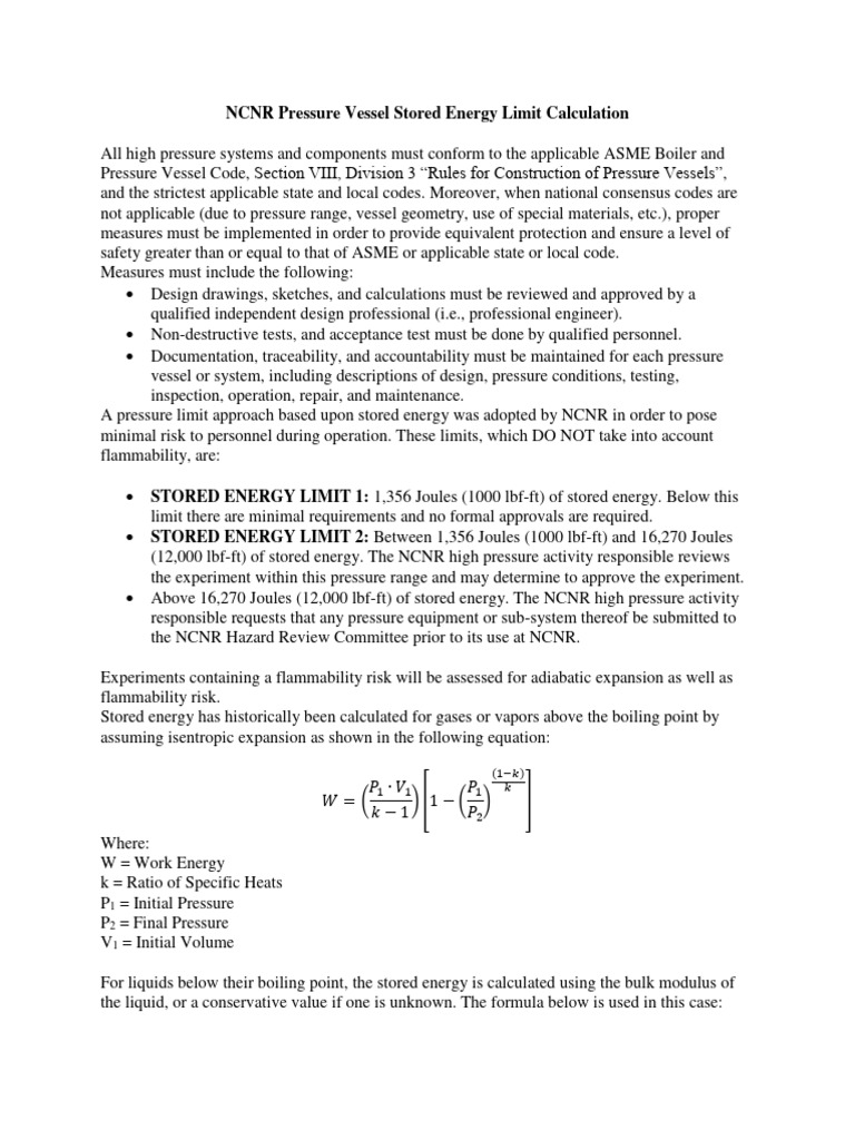 NCNR Stored Energy Limits Calculation | PDF | Pressure | Gases