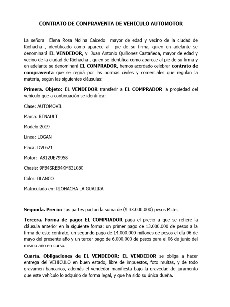 Contrato de Compra Venta de Vehículo - Contractual | PDF