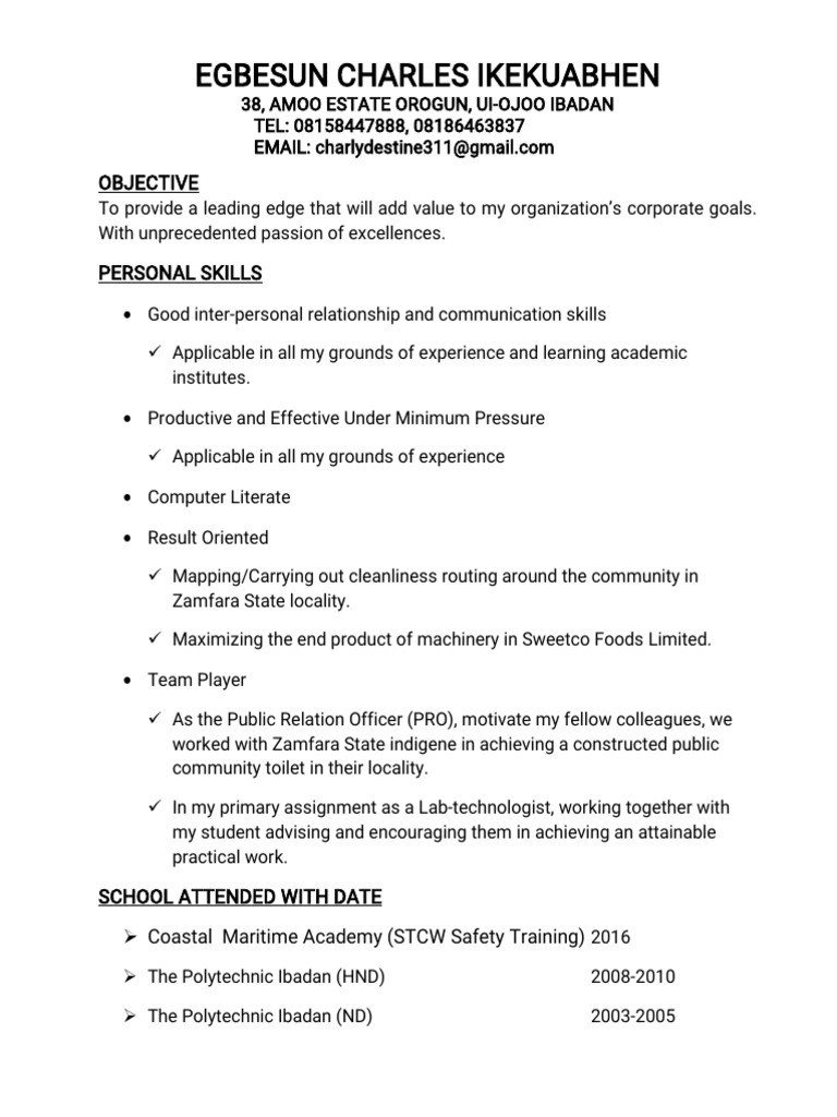 CV Sample for Industrial Attachment | PDF