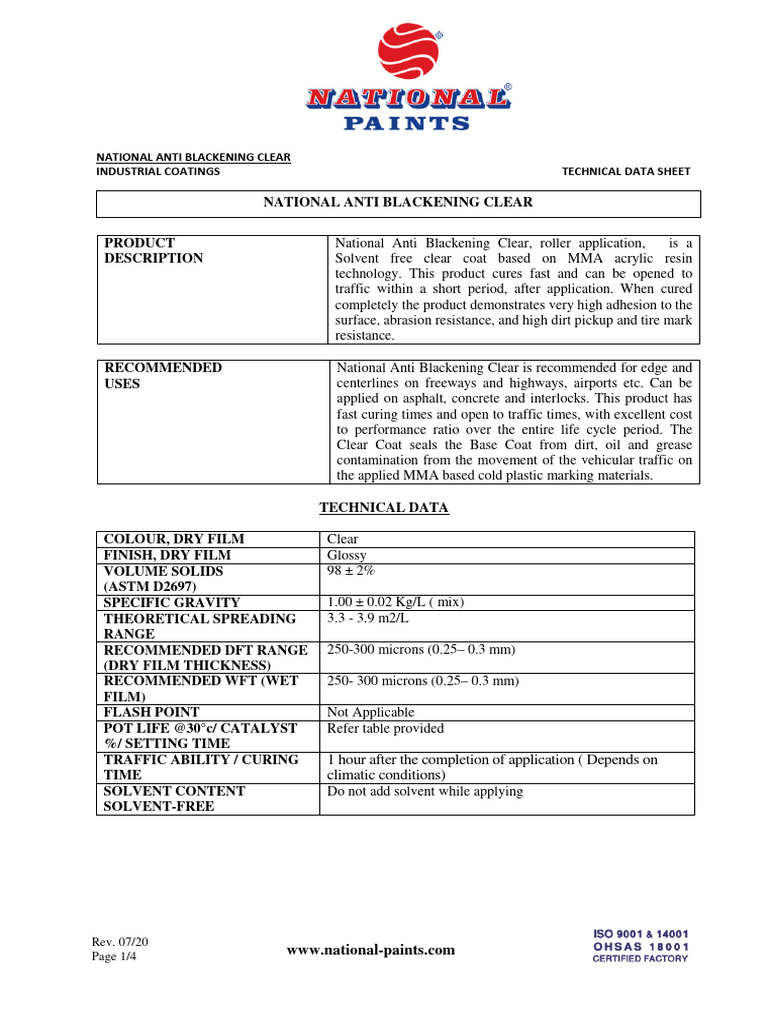 National Anti Blackening Clear Industrial Coatings Technical Data Sheet ...