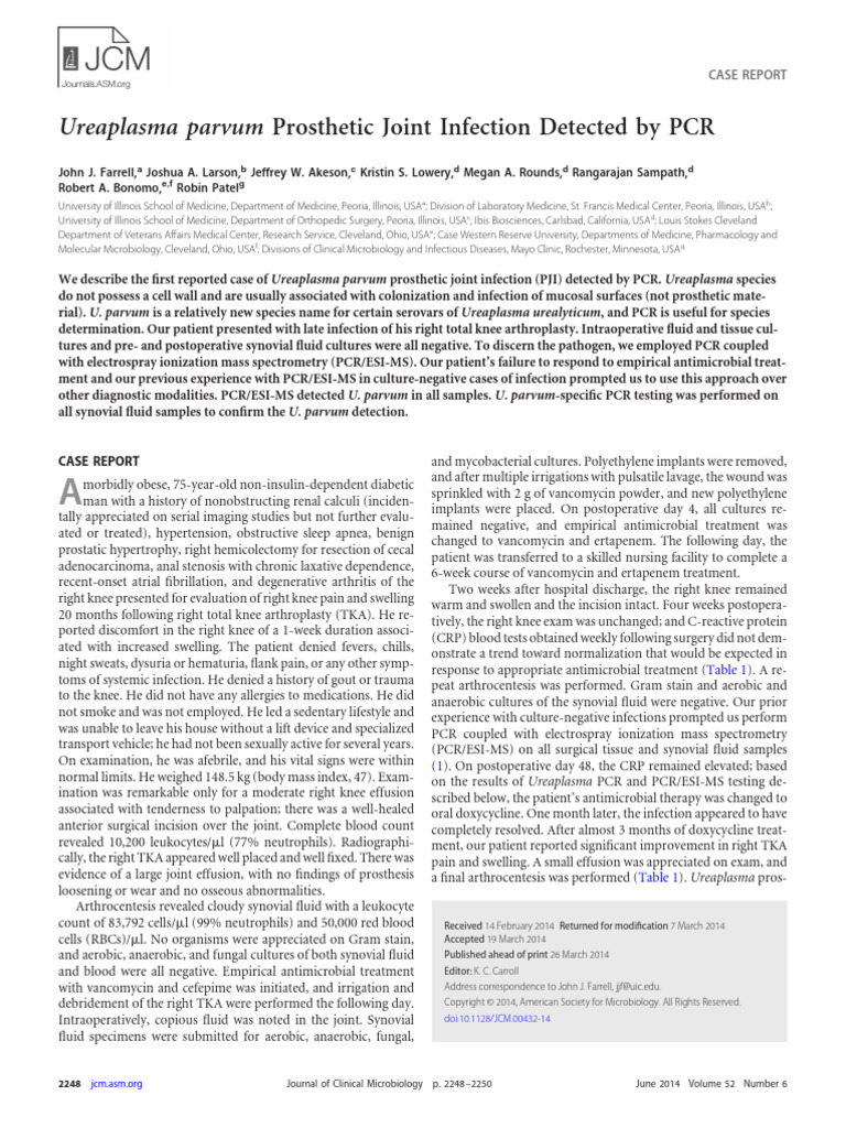 Ureaplasma Parvum in Joint | PDF | Infection | 16 S Ribosomal Rna
