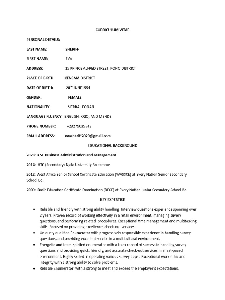 Cv for eva sheriff for an enumerator at posterity thinker pdf