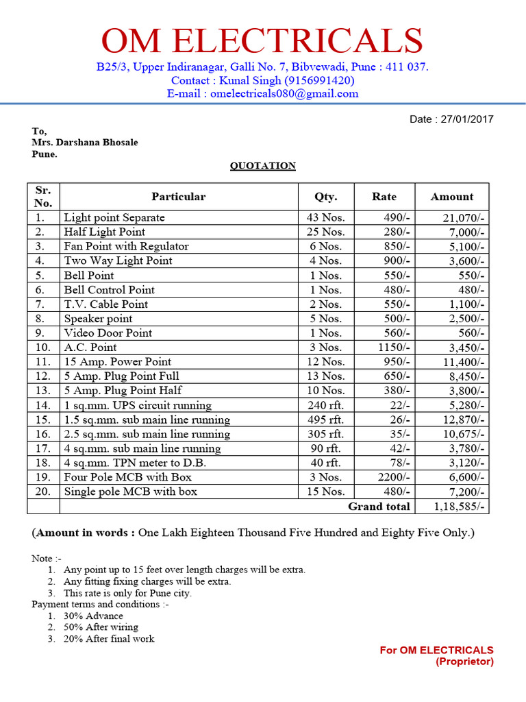 OM Electricals Quotation and Bill Summary | PDF | Electrical Wiring ...