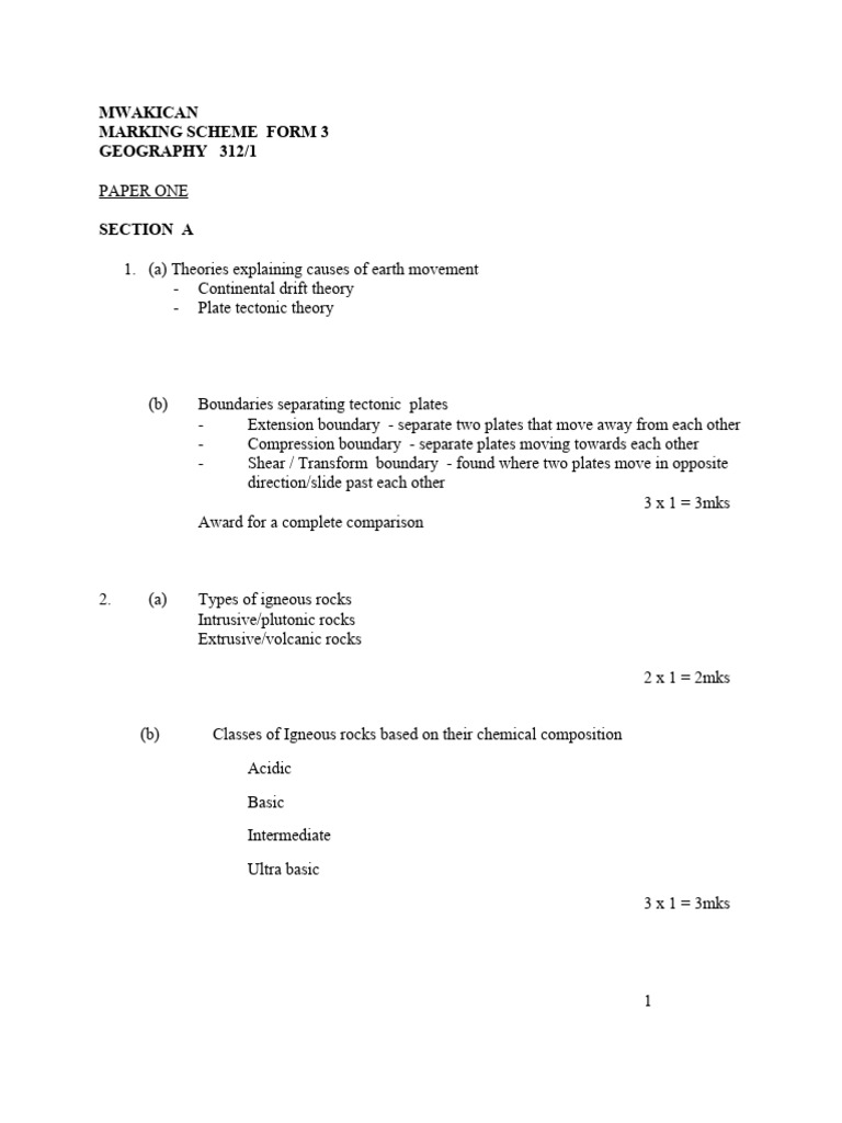 Form 3 Geography Marking Scheme | PDF | Equator | Oceans