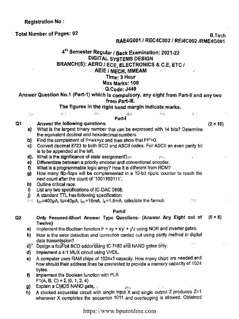 Btech All 4 Sem Digital Systems Design Rae4g001 2022 Pdf