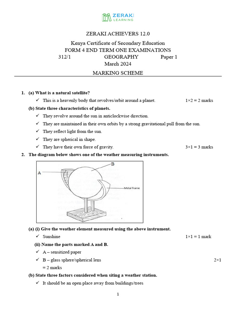 KCSE 2024 Geography Paper 1 Marking Scheme | PDF | Rock (Geology ...