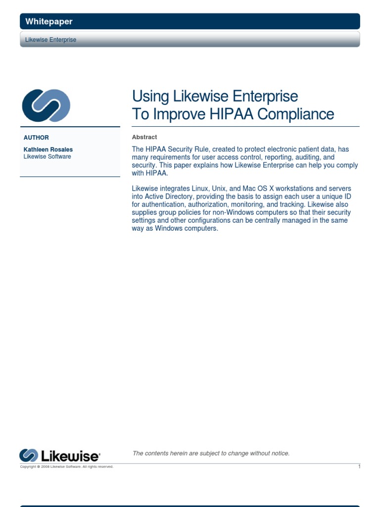 Likewise Whitepaper HIPAA Compliance | PDF | Active Directory | Health ...