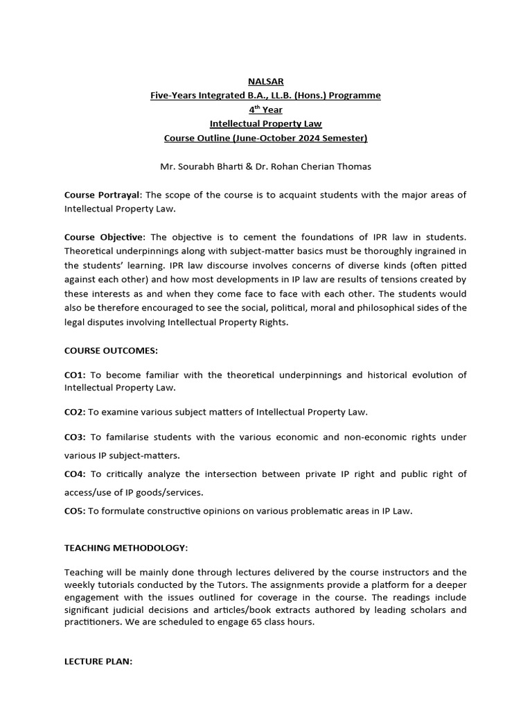 Law of IPR Course Outline 2024 PDF Intellectual Property