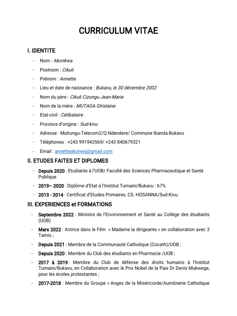 CV d'Annette Akonkwa Cikuli | PDF