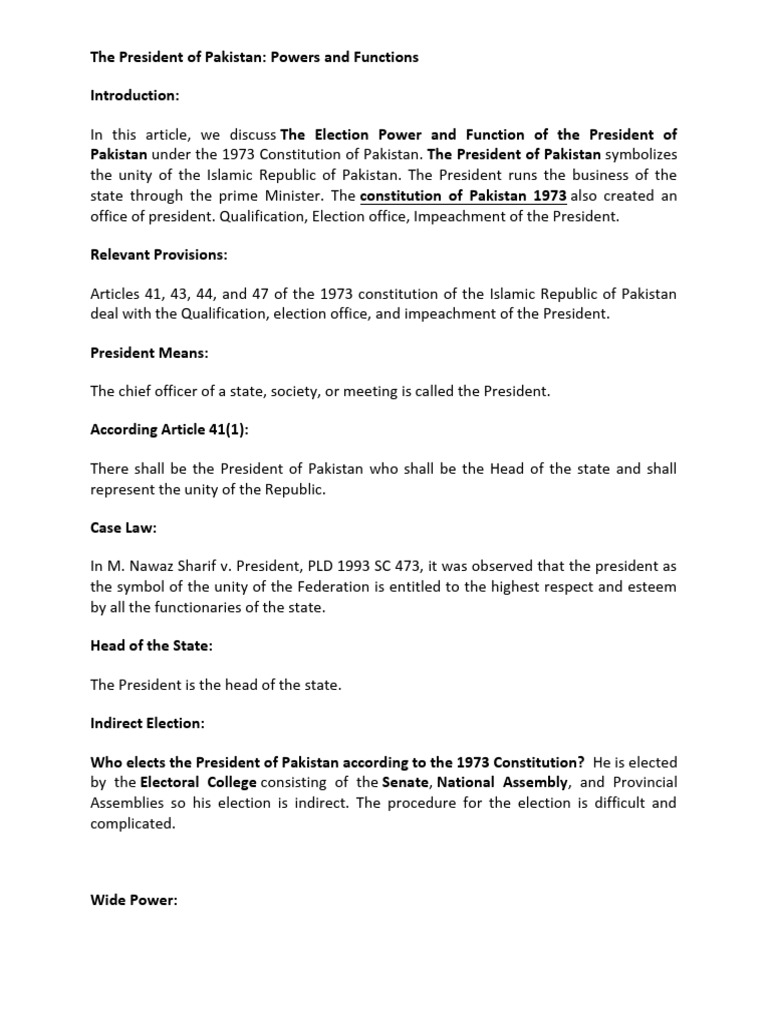 The President of Pakistan Powers and Functions | PDF | Parliament Of ...