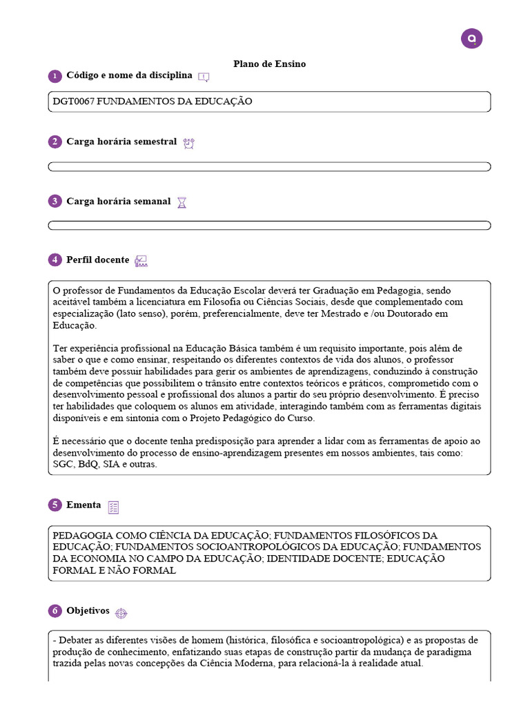 Fundamentos da Educação: Plano de Ensino | PDF | Pedagogia | Aprendizado