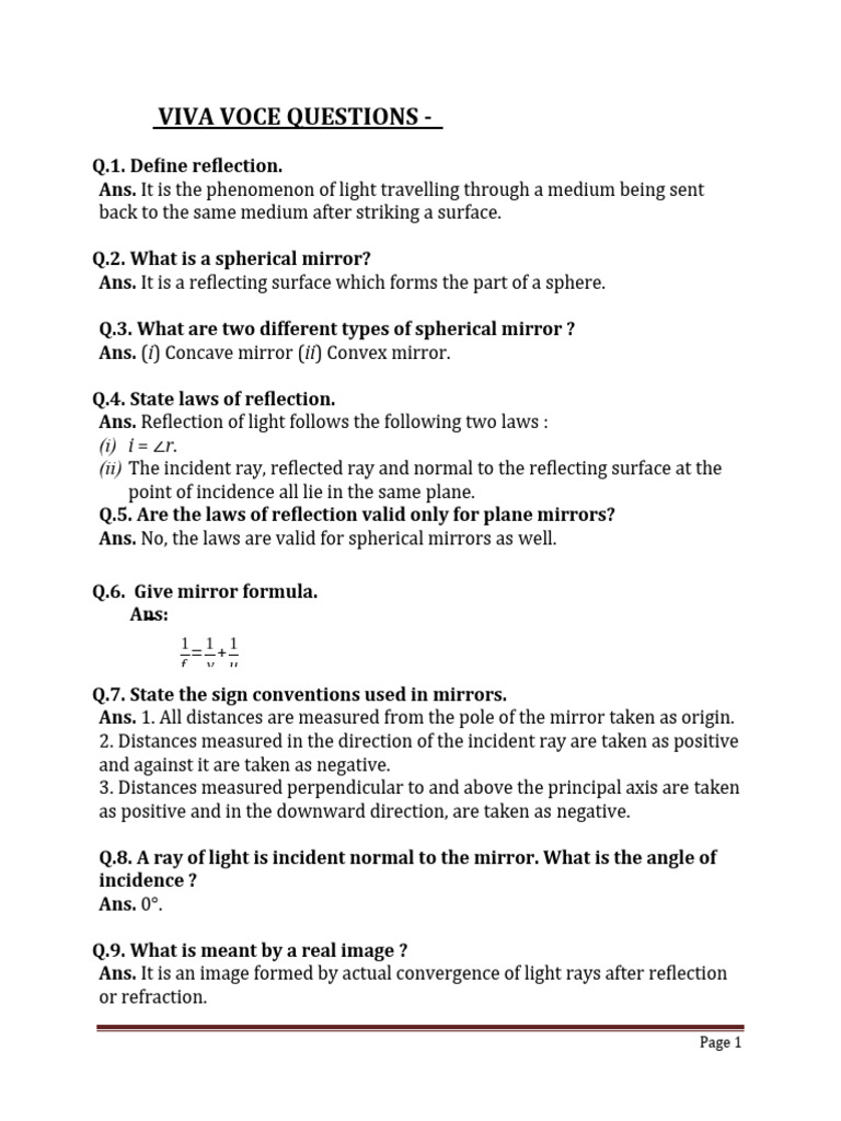 Viva Voce Optics PDF Refractive Index Mirror