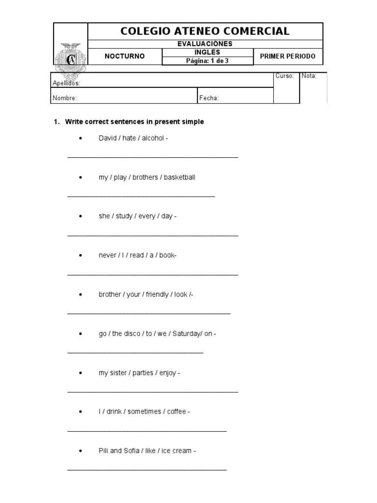 Evaluación de Inglés: Primer Período | PDF
