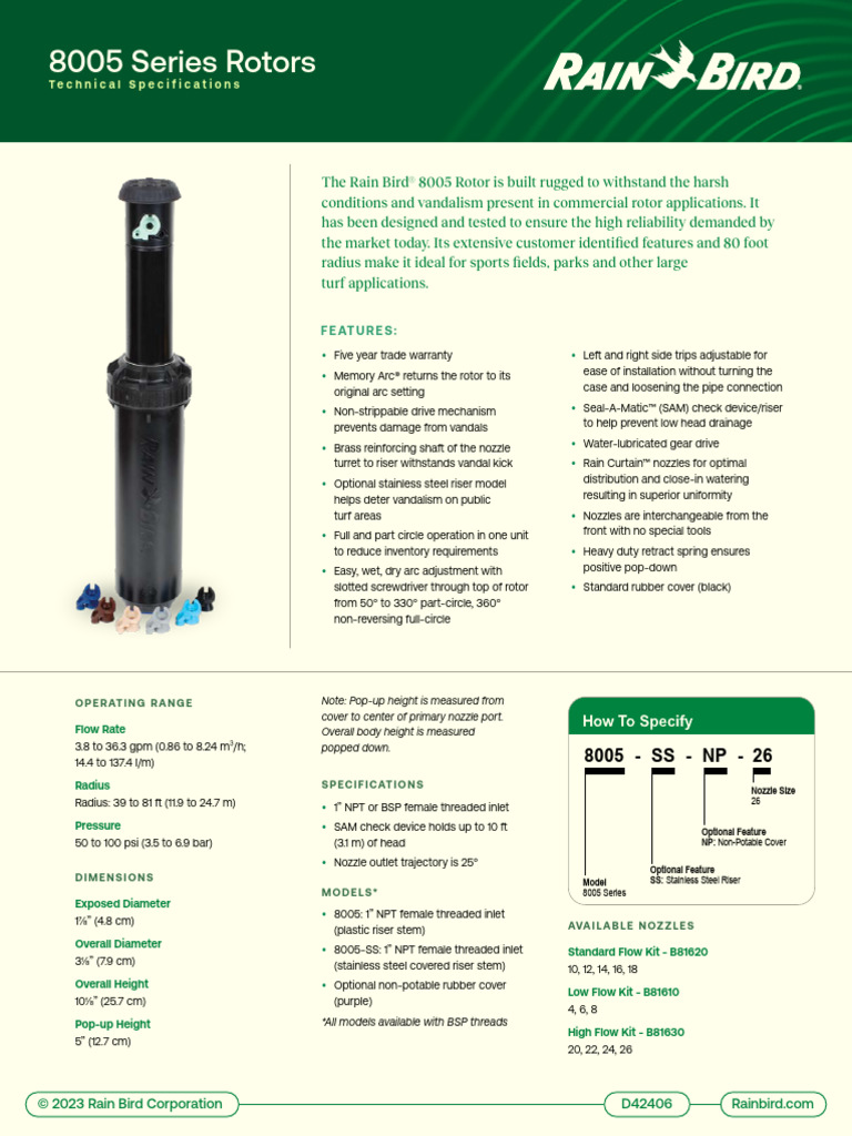 Rain Bird 8005 Series Rotor Specs | PDF | Turbine