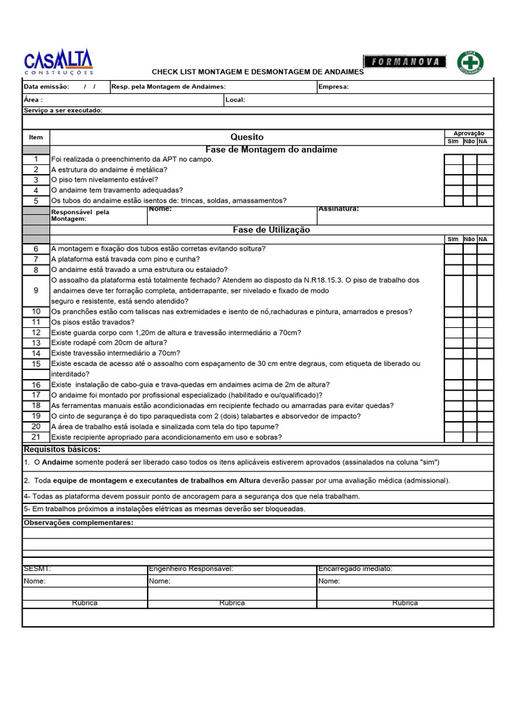 Checklist de Montagem de Andaimes | PDF