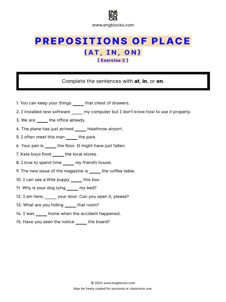 Prepositions Of Place At In On Exercise 2 Pdf