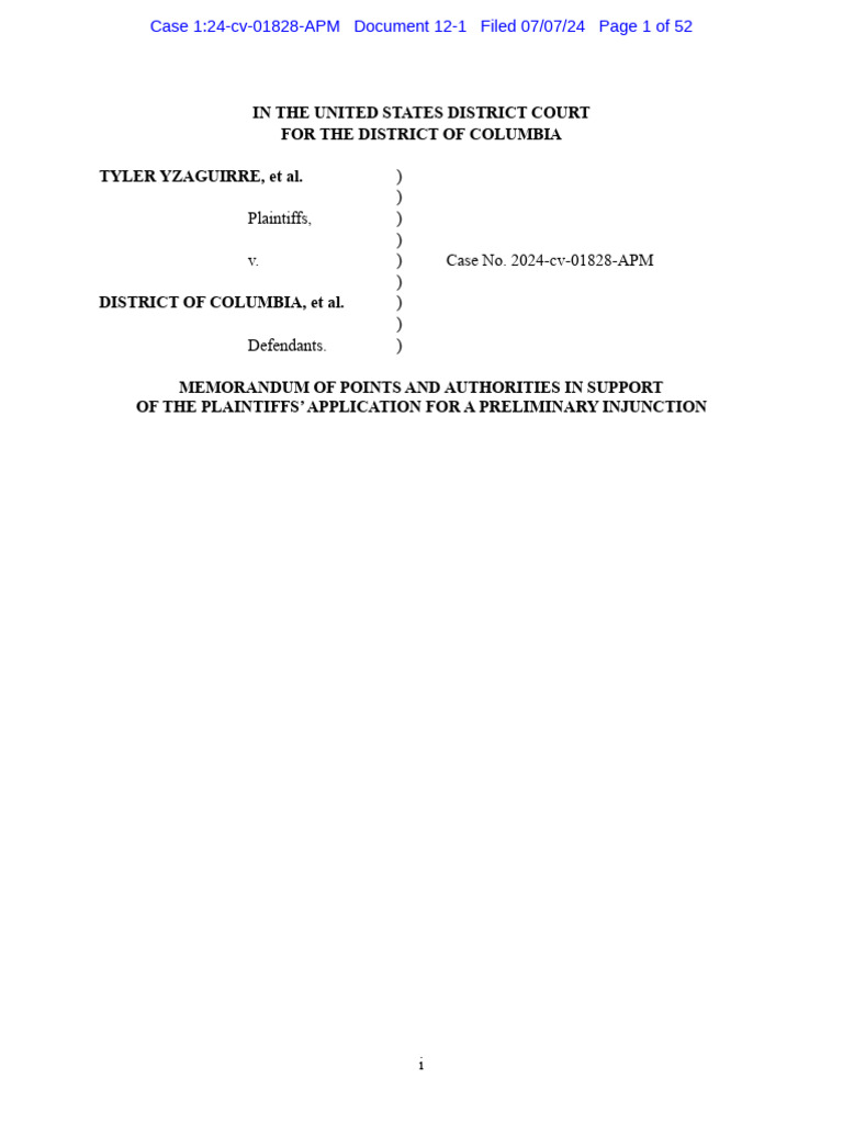 Plaintiffs' Motion For A Preliminary Injunction - Yzaguirre v. District ...