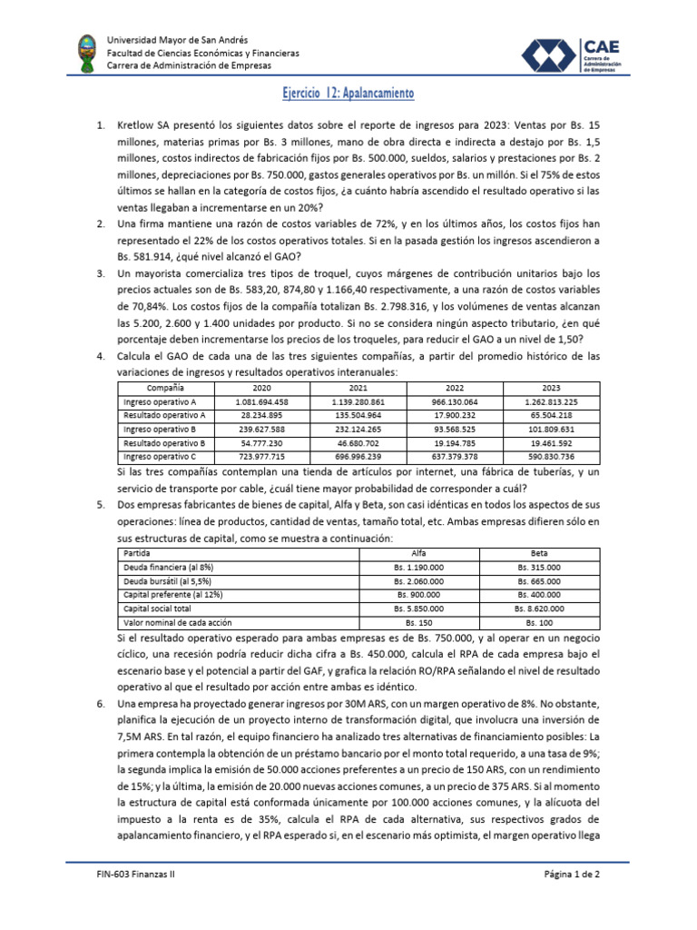 Ejercicios de Apalancamiento Financiero | PDF | Compartir (Finanzas ...