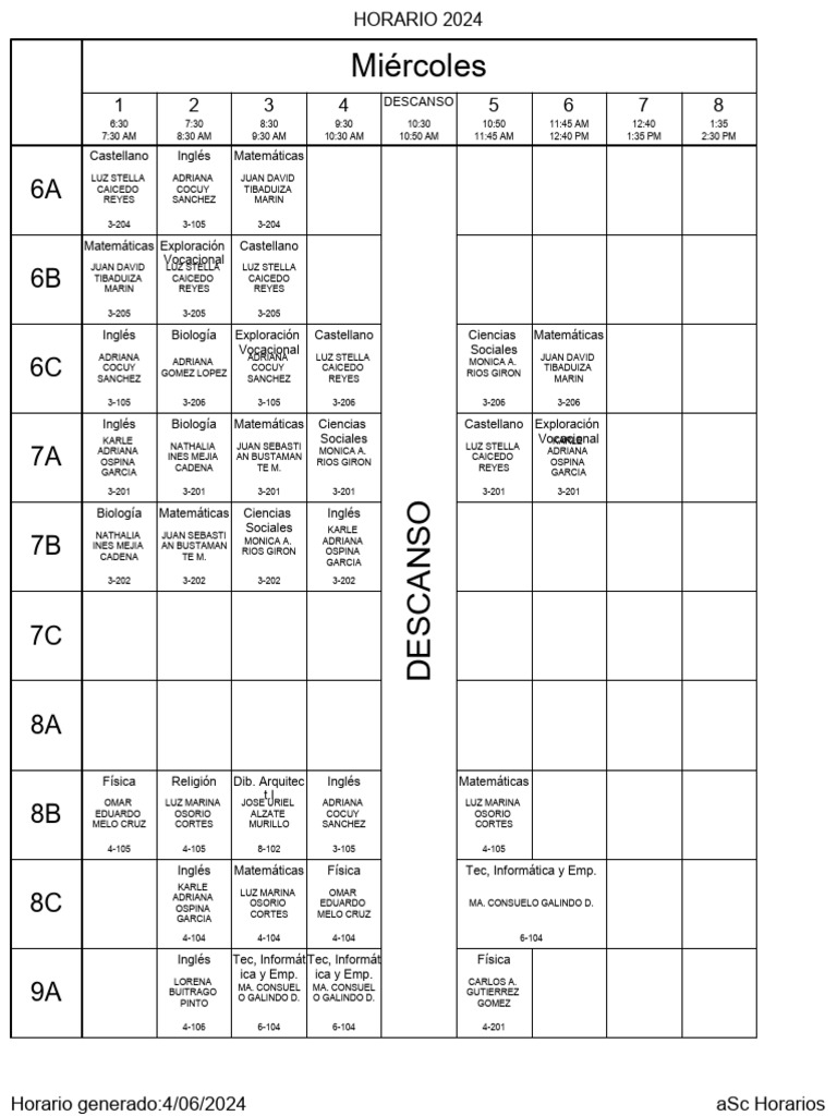 Horario Escolar 2024 | PDF | Ciencias Naturales | Ciencias fisicas
