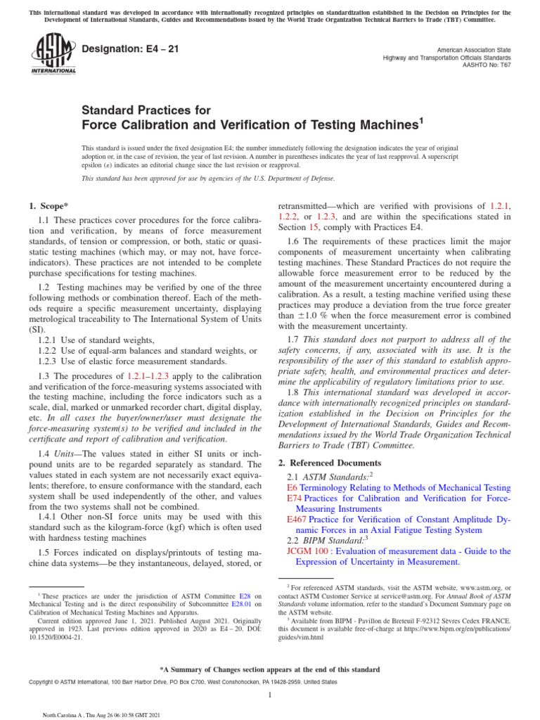 Standard Practices For Force Calibration and Verification of Testing ...