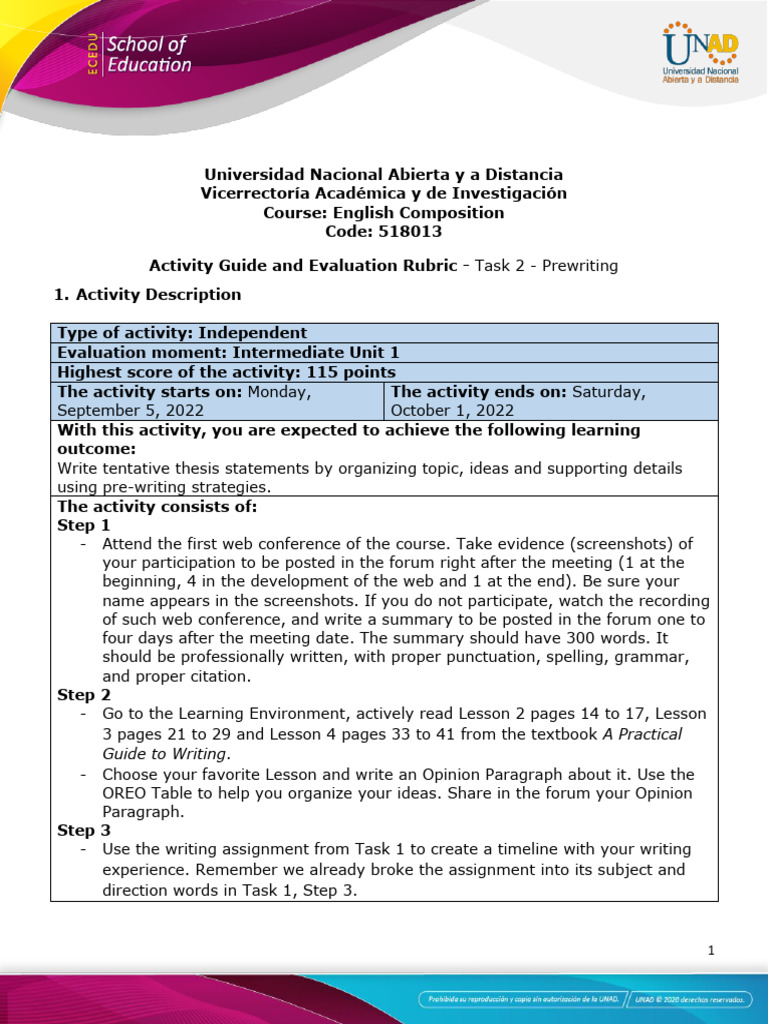 Activity guide and evaluation rubric unit 1 task 2 prewriting 1