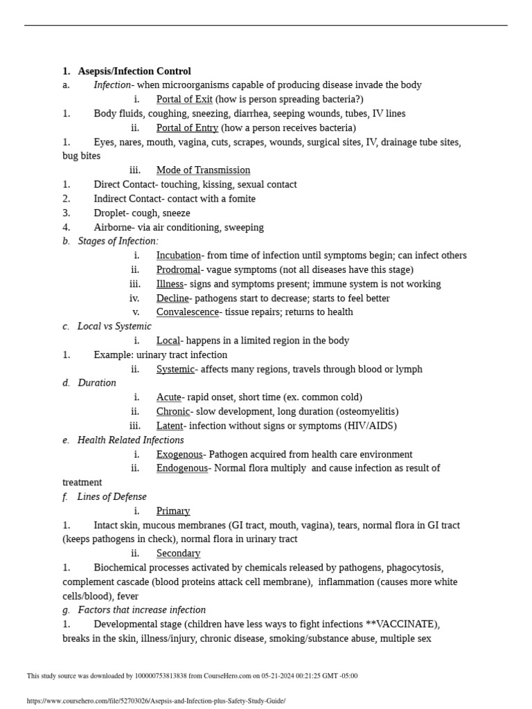 Asepsis and Infection Plus Safety Study Guide | PDF | Infection | Pathogen