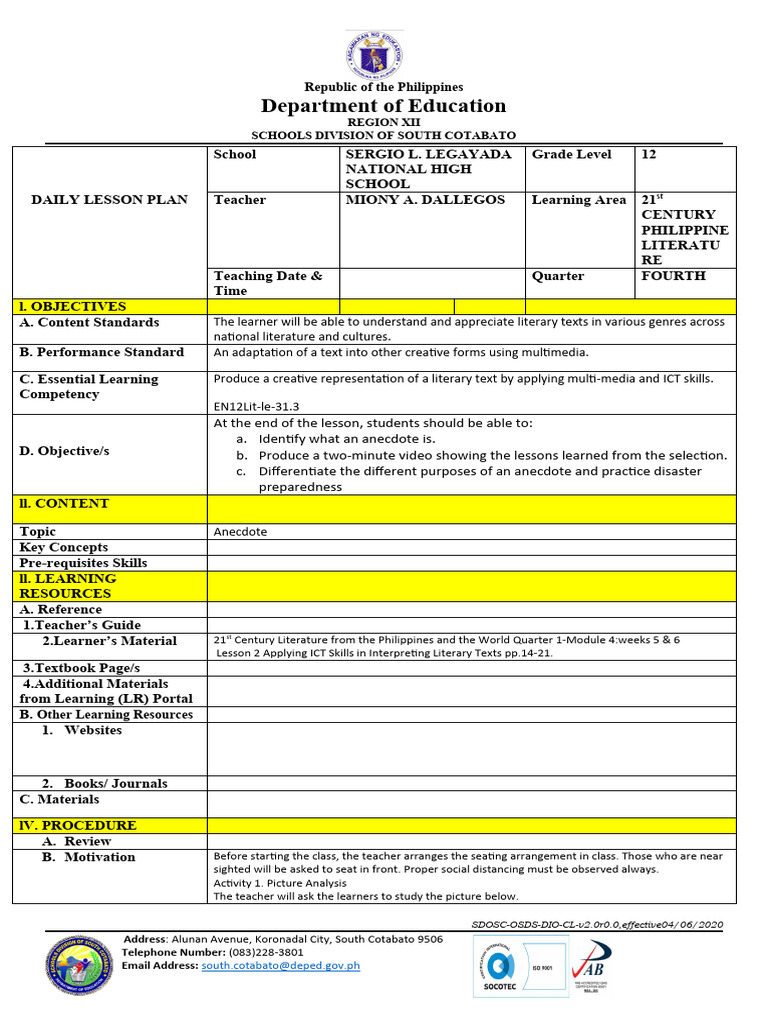 Grade 12 Daily Lesson Plan: Anecdotes | PDF | Lesson Plan | Educational ...